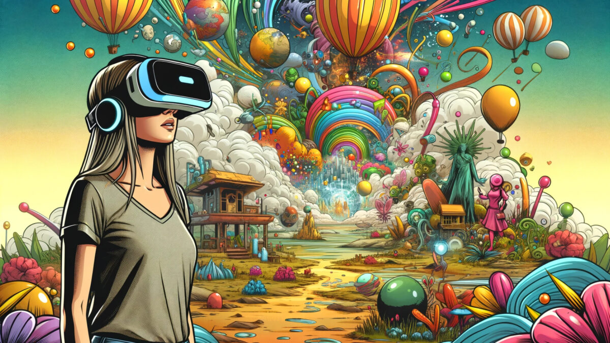 A realistic comic style illustration features a woman wearing a VR headset standing in awe in front of a colorful virtual world.