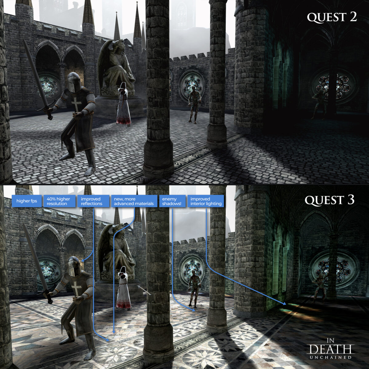Top picture: Typical scene from In Death Unchained on Quest 2. Bottom picture: Same scene with improved graphics on Quest 3.