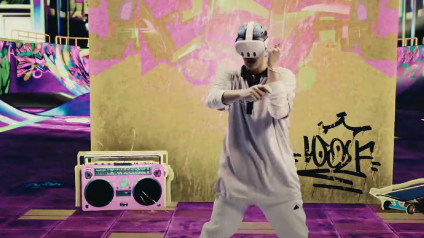 A dancer with VR headsets stands in front of graffiti and a portable radio.