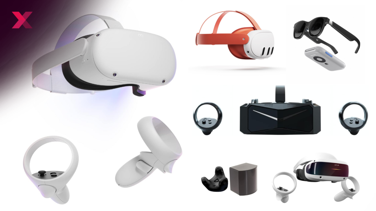 Product images of the Meta Quest 2, Quest 3 and other VR and AR headsets, with controllers.