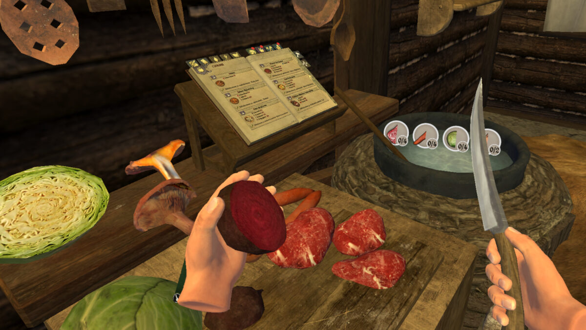 A screenshot of the VR game Medival Dynasty New Settlement shows someone preparing meat and vegetables.