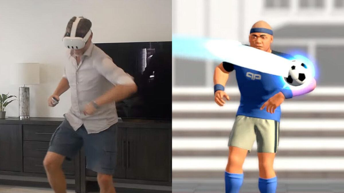 On the left, a man playing Dodge Arcade with Quest 3; on the right, his avatar adopting the same posture.