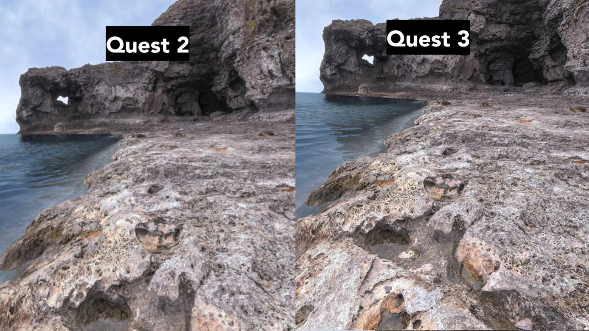 Left image: Coastal scene from Real VR Fishing on Quest 2. Right image: Same scene much sharper on Quest 3.