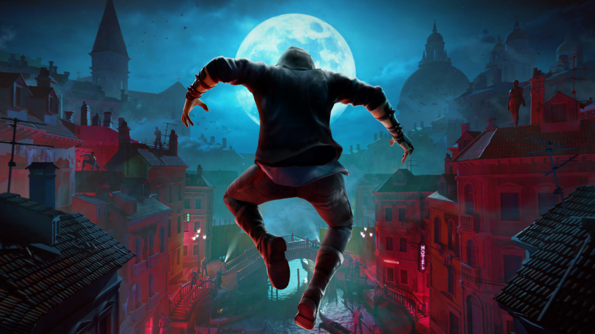 A vampire with a hood on his head jumps through a dark city under a full moon.