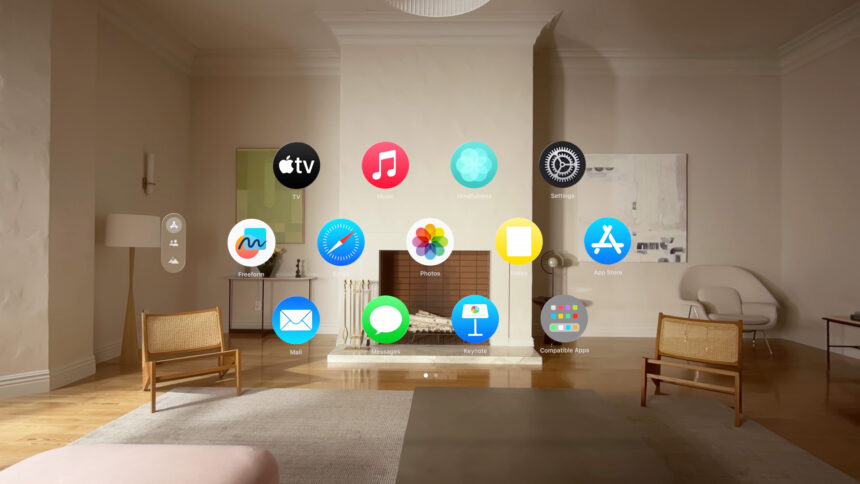 The Apple Vision Pro start screen appears above a large living room.