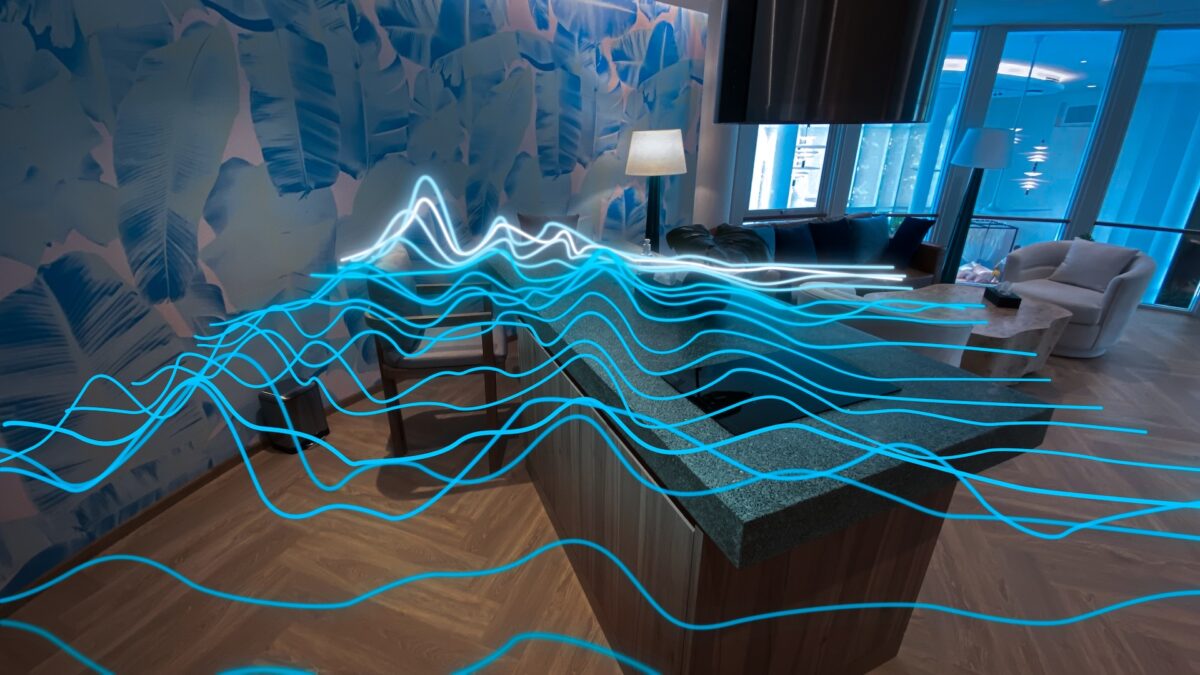 Blue waves of the Effex Visualizer in a living room.