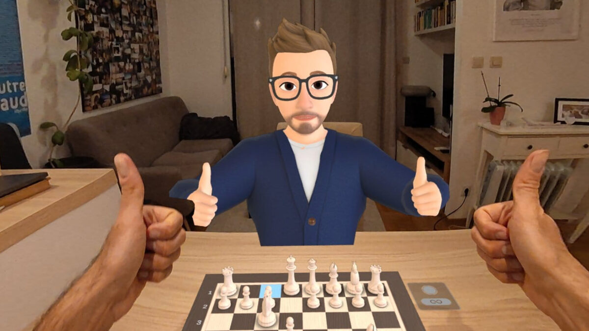 An avatar sits at the table opposite and points with both thumbs up. In between is a chessboard.