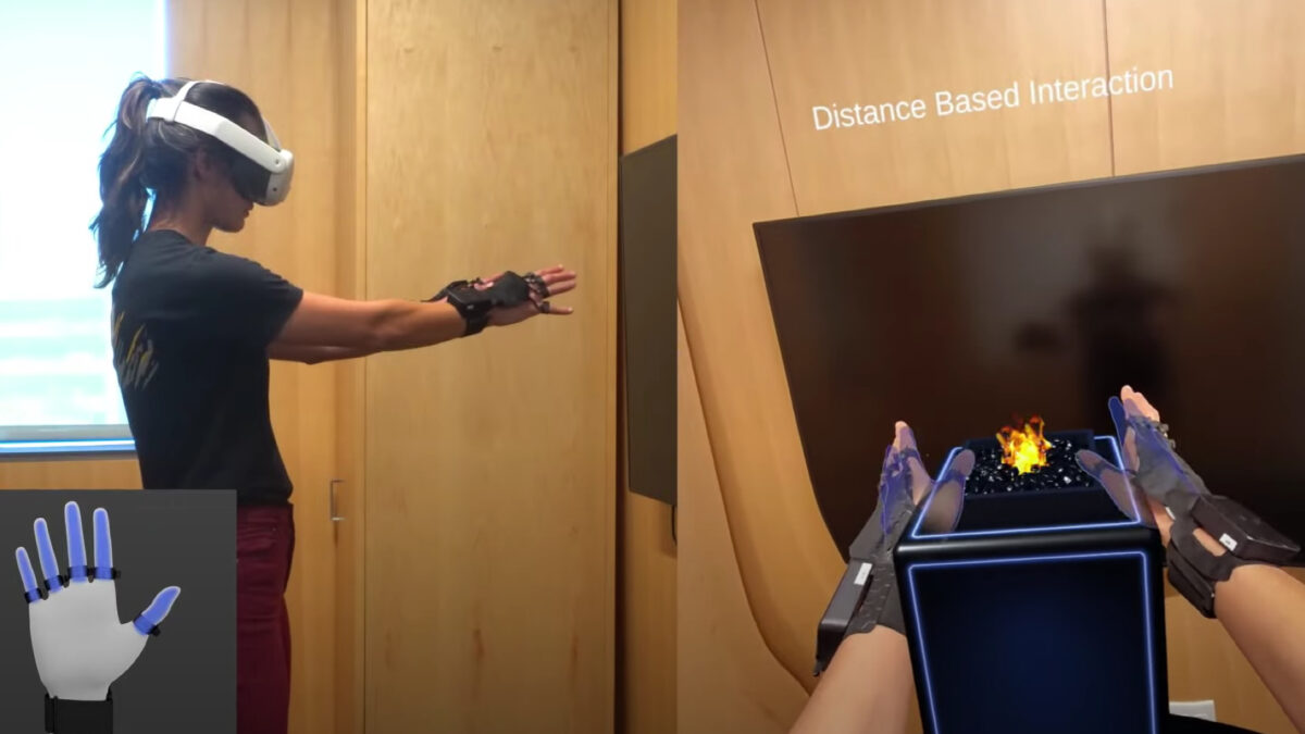 A woman wearing a Meta Quest 3 is using haptic VR gloves.