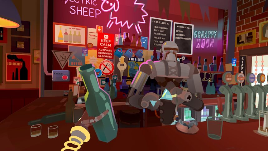 The player holds a beer bottle in his hand, opposite him a robot bartender behind a bar.