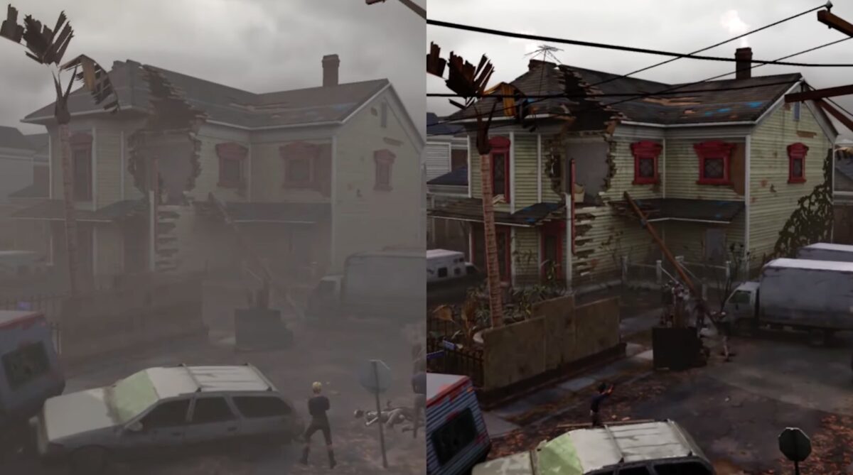 Graphic comparison between Quest 2 and Quest 3: a street scene.