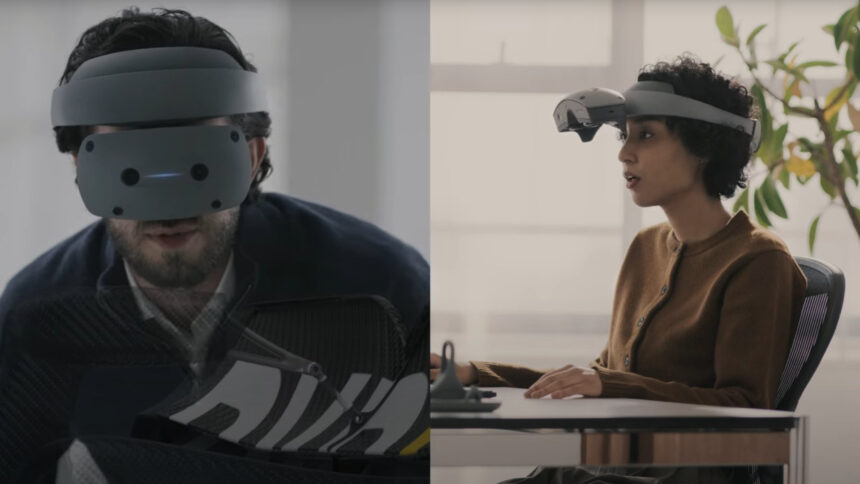 The visor of the XR headset from Sony can be folded up to facilitate access to a computer.