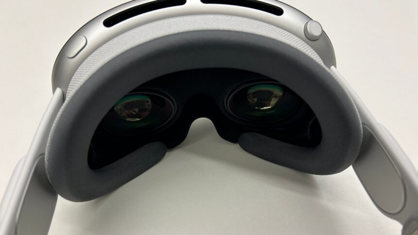 View of the lenses of the Apple Vision Pro XR headset from diagonally above.