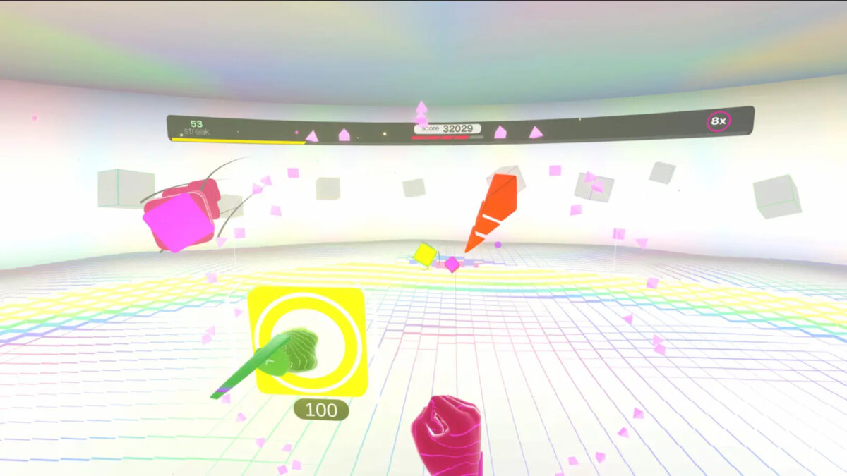 A screenshot of the VR game Beat The Beats VR shows virtual fists hitting colorful objects.