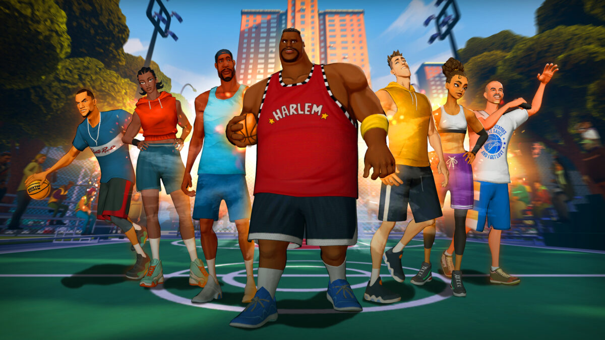 A group of streetball players stand on a court in the VR game Blacktop Hoops.