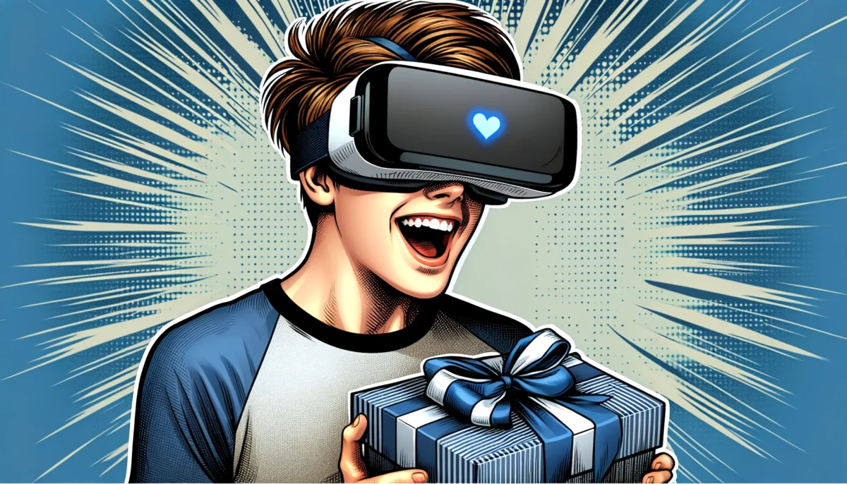 A realistic comic-style illustration depicting a teenage boy wearing a VR headset, extremely happy about receiving a gift.