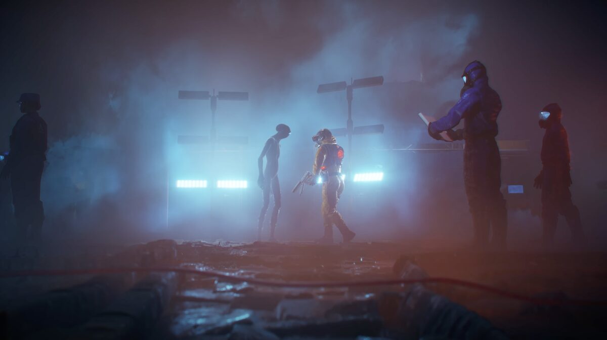 A human and an alien face each other in a fog-filled facility.