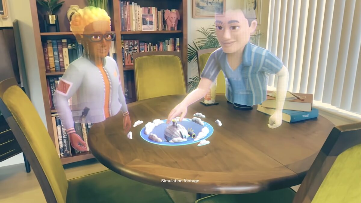 Simulation of Meta's first AR headset: two transparent comic avatars above a table.