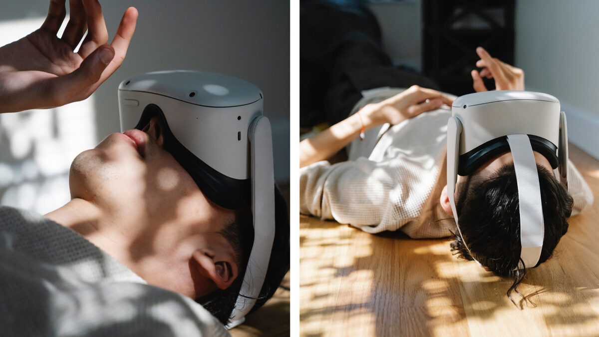 Two images of a reclining man with VR headset using hand tracking.