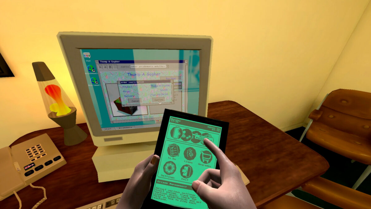 A screenshot from the VR game Arcade Paradise VR shows an old computer with a monitor from the 1990s.