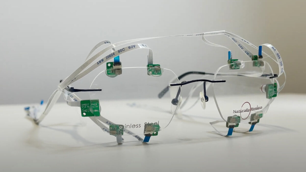 A headset equipped with various sensors and microphones to enable eye tracking via sonar.