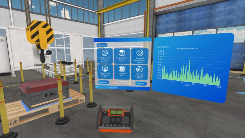 A screenshot from a VR crane handling training simulation.