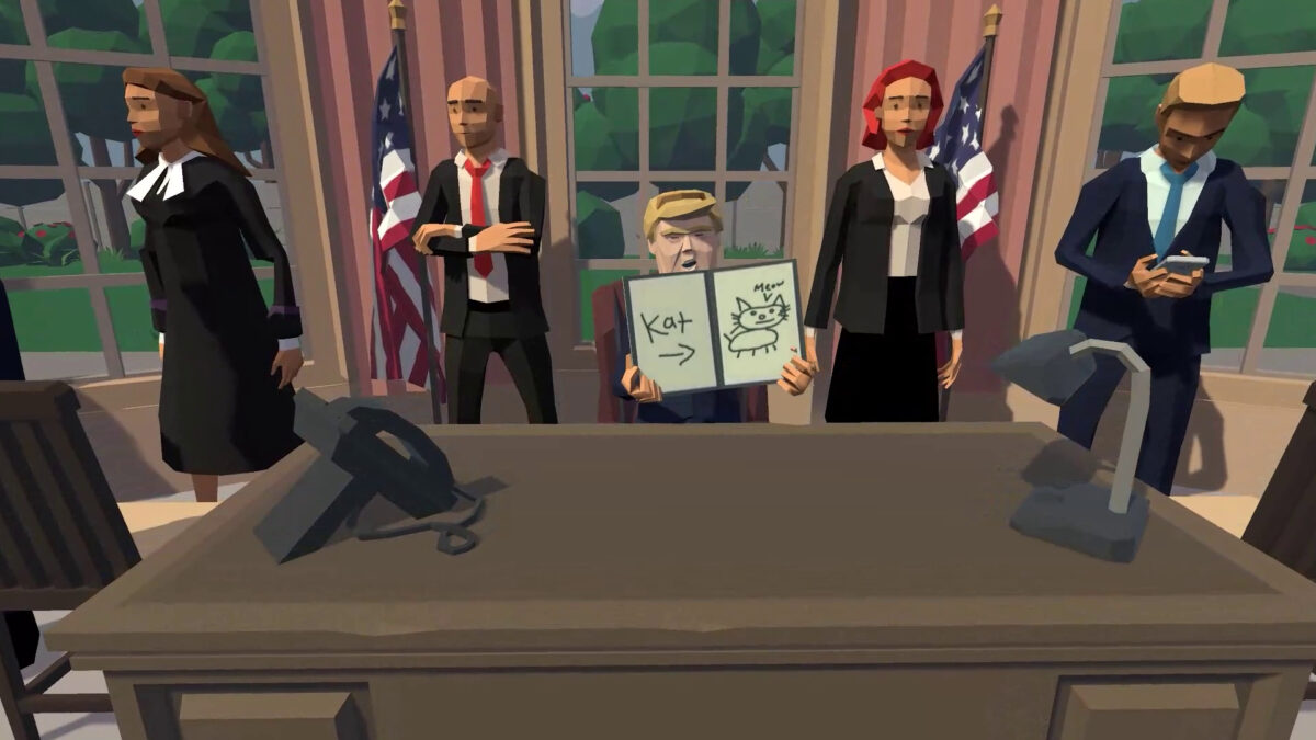 An excerpt from the VR game Leeroy shows a caricature of Donald Trump holding up a drawing of a cat.