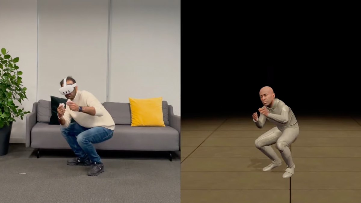 Left: A man with Quest 3 is crouching. Right: His avatar is also crouching.