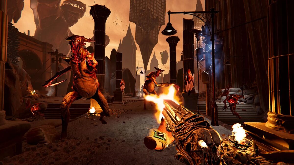 The player shoots at terrifying monsters in a hell-like environment.