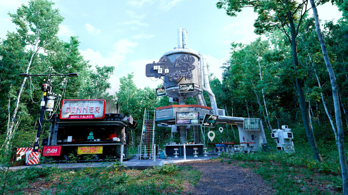 A cyberpunk bar in the middle of the forest.