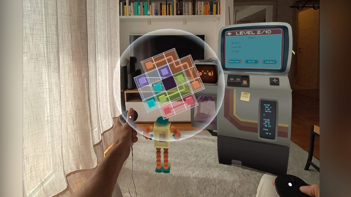 Elements of the mixed reality game (a sphere, a terminal, a toy robot) in a living room.