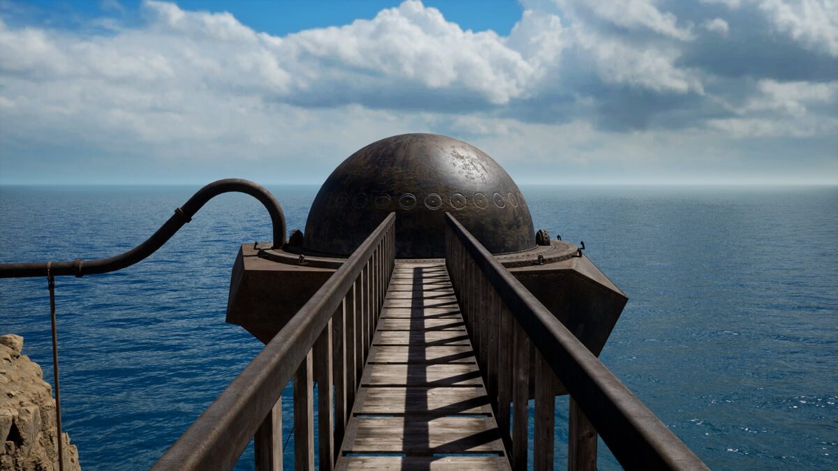 A footbridge leading to a mysterious metal sphere with engraved symbols. The sea in the background.