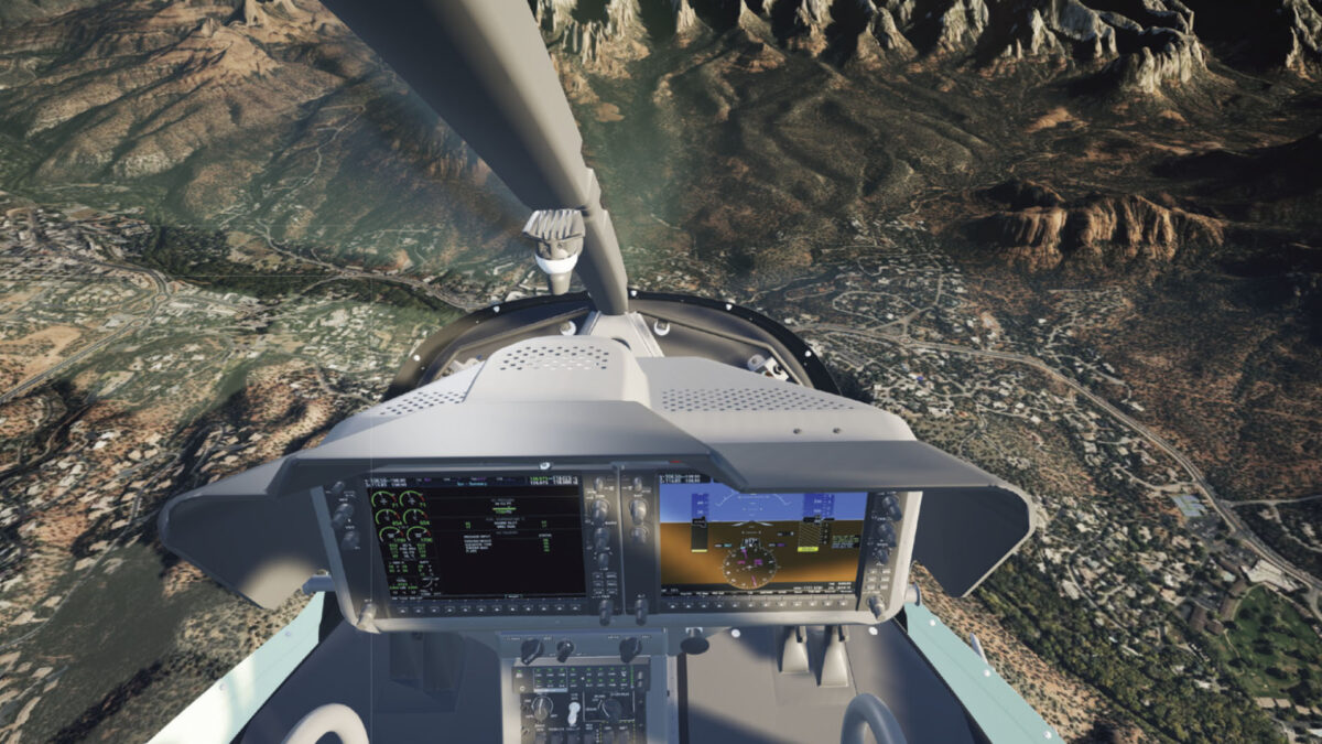 A screenshot from a VR flight simulator shows the view from the cockpit of a rocky landscape.