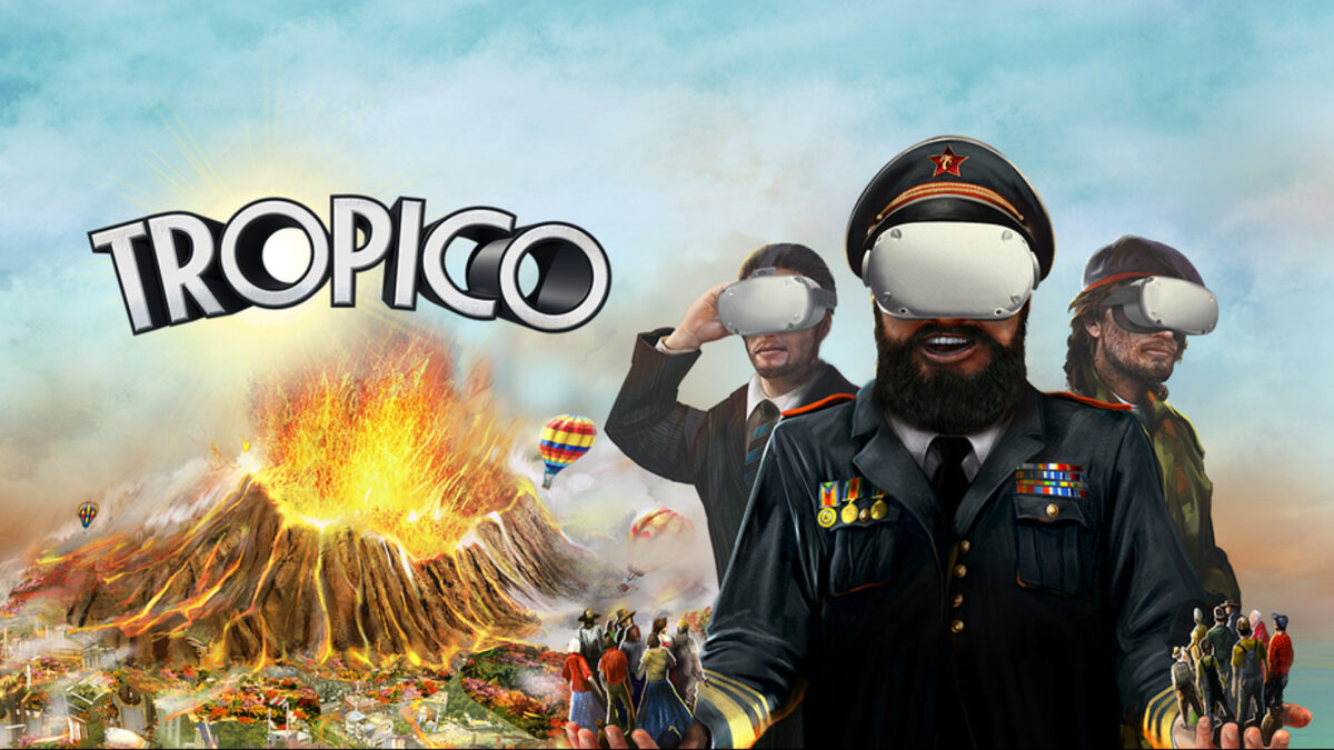 Artwork from Tropico shows an erupting volcano in the middle of a city. In the foreground, El Presidente and his ministers with quest headsets on their faces.