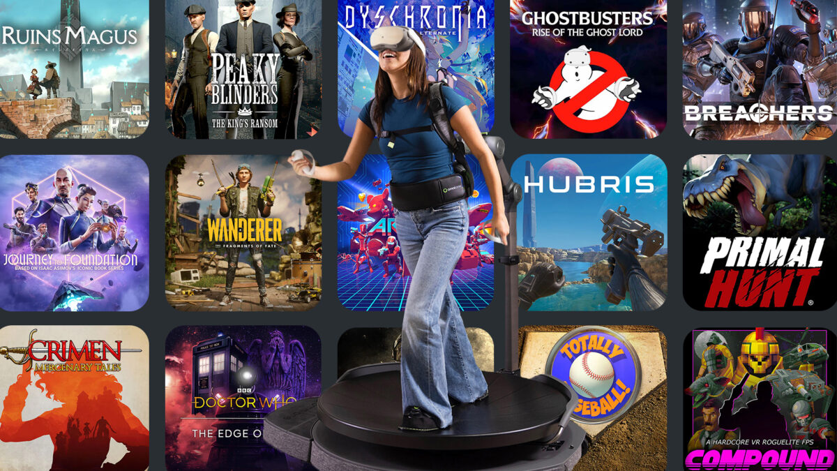 Woman using VR treadmill Virtuix Omni. Various VR games are shown in the background.