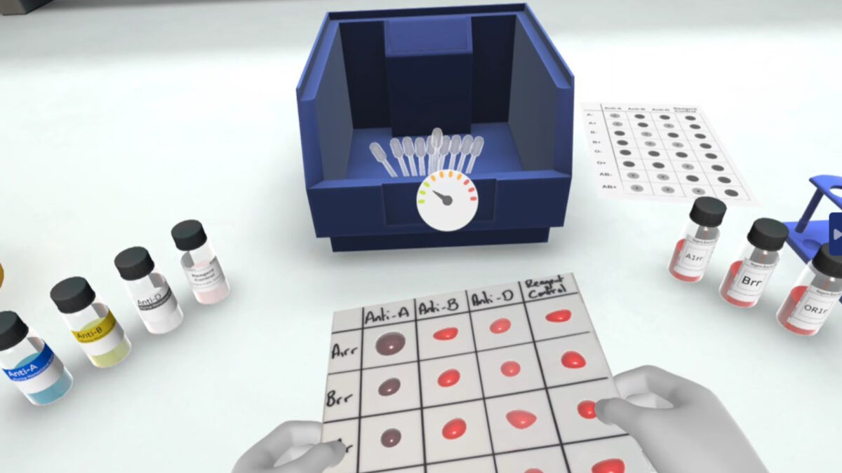 A VR experience shows a virtual laboratory for blood transfusion.