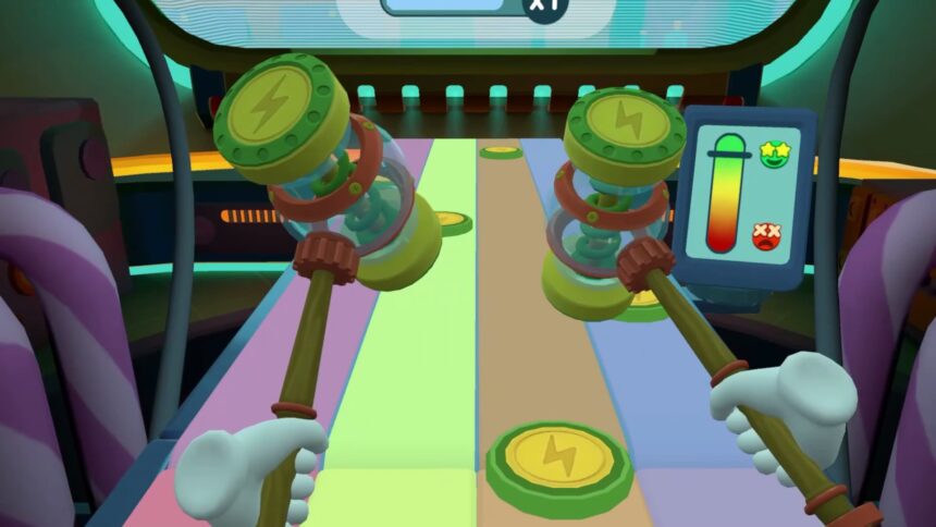 The aim of the rhythm mini-game is to hit circular blocks with two hammers.