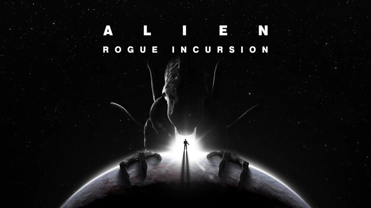 Poster of Alien: Rogue Incursion. Shows an alien bending over a tiny human on a planet.