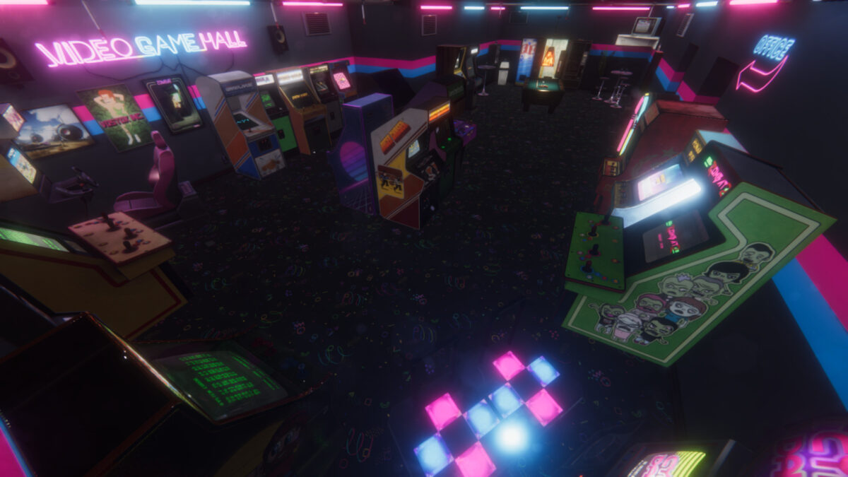 An arcade game hall in the VR game Arcade Paradise VR.