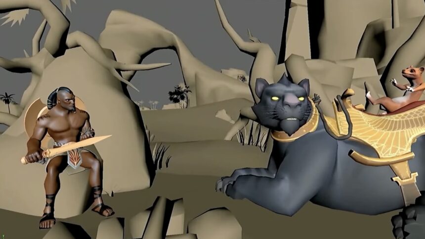 A game scene from the AW2 prototype Genesis with Abraxas and a panther in a desert landscape.