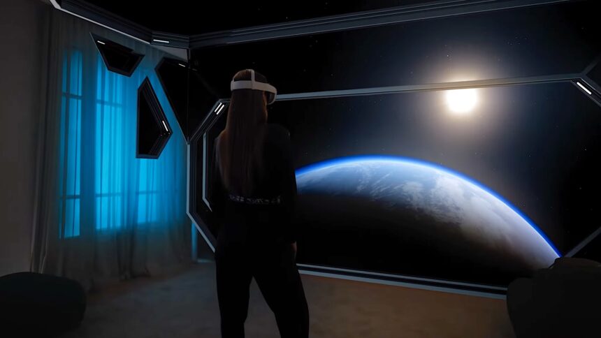 A woman with Quest 3 stands in her apartment, in front of her a virtual spaceship star with a view of a planet.