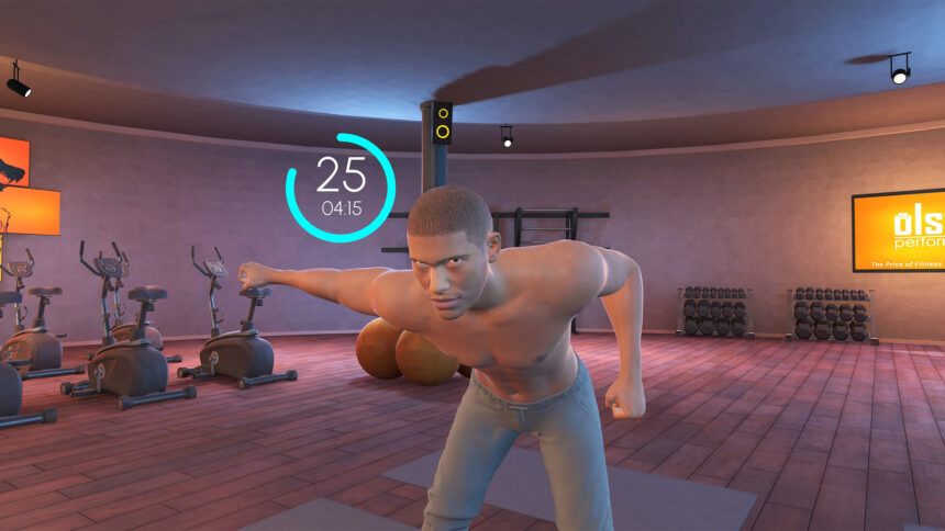 A virtual trainer demonstrates fitness exercises in a VR gym.