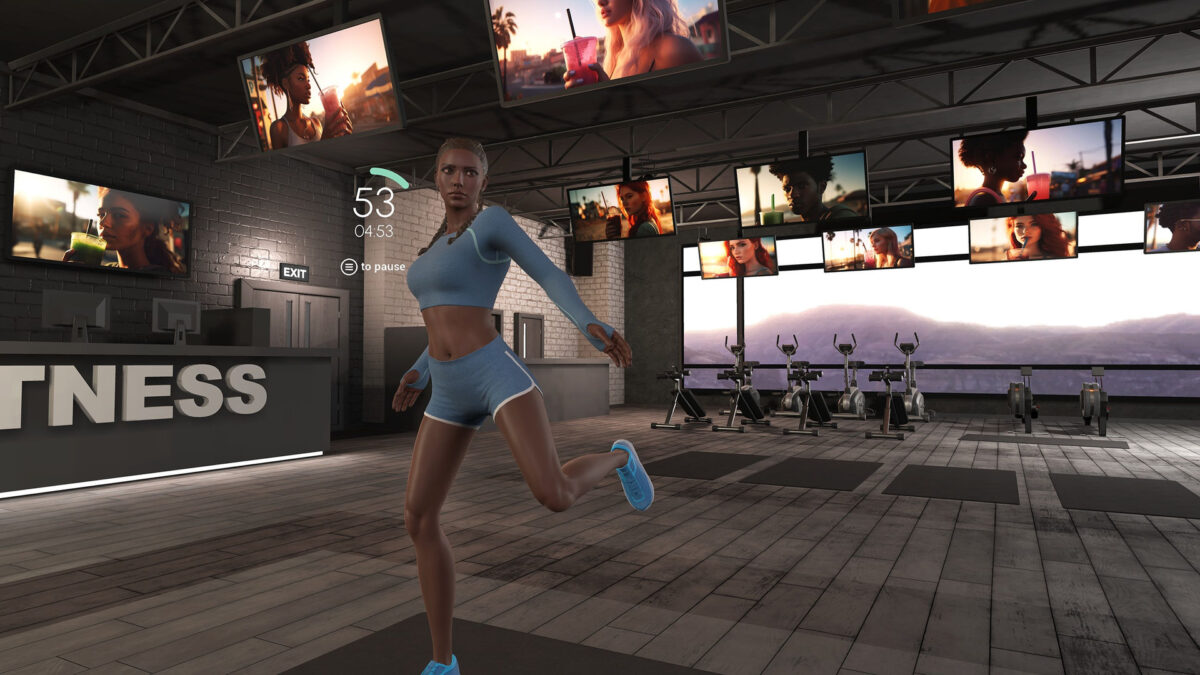 A virtual trainer demonstrates fitness exercises in a VR gym.