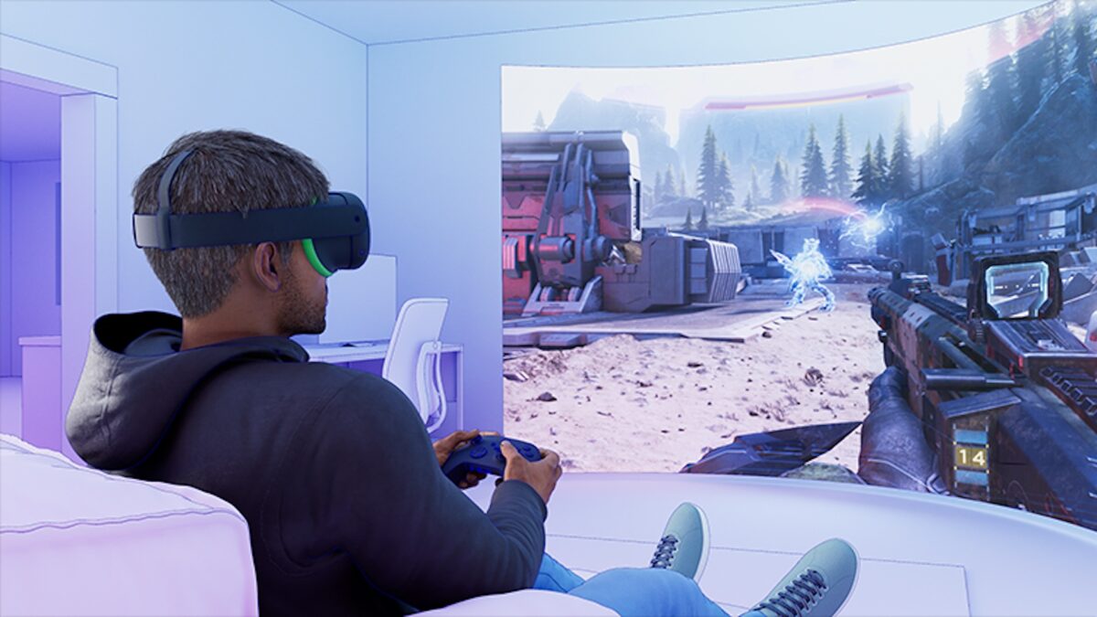 Rendering of a man playing Halo on a couch with VR headsets on a virtual screen.