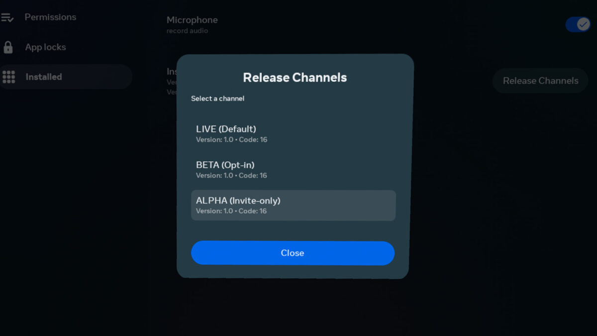 Release channel window with selection of app versions.