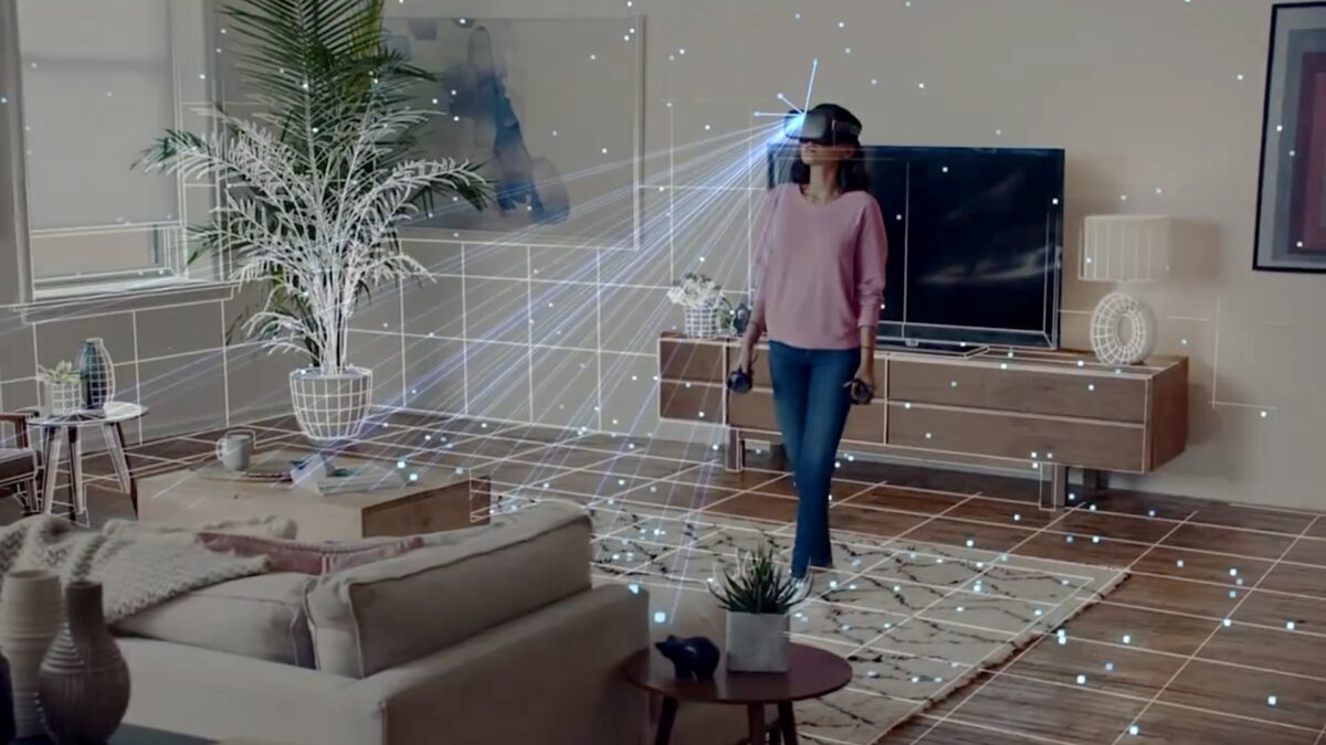A woman with Quest 1 playing in the living room. The image visualizes the inside-out tracking system.