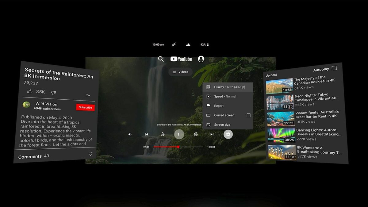 YouTube VR menus against a dark background, 8K playback of a video is activated.