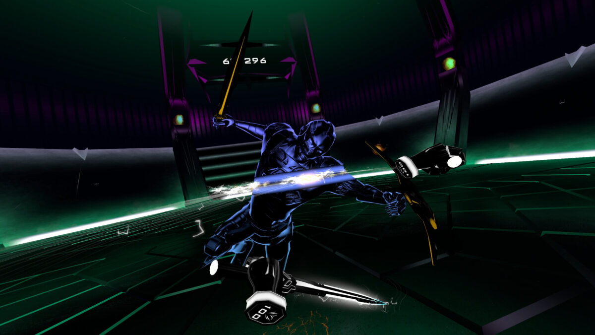 A robot storms through a dark sci-fi arena for a sword fight.