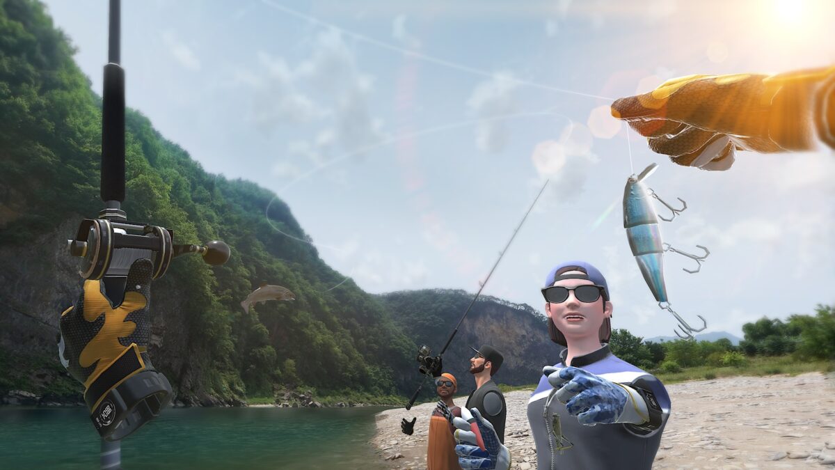 A group of avatars fishing. The player holds a caught fish in the air.