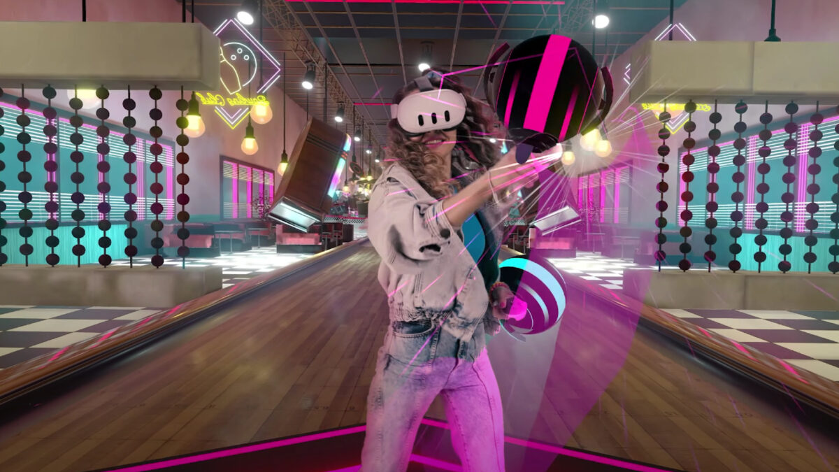 A woman in a classic 80s jeans outfit plays the game Synth Riders with a VR headset.