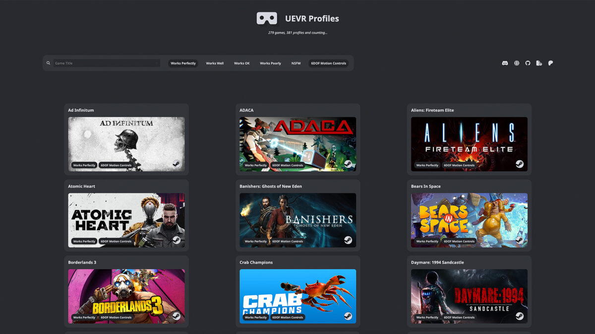 Screenshot of the UEVR Profiles website with various games.